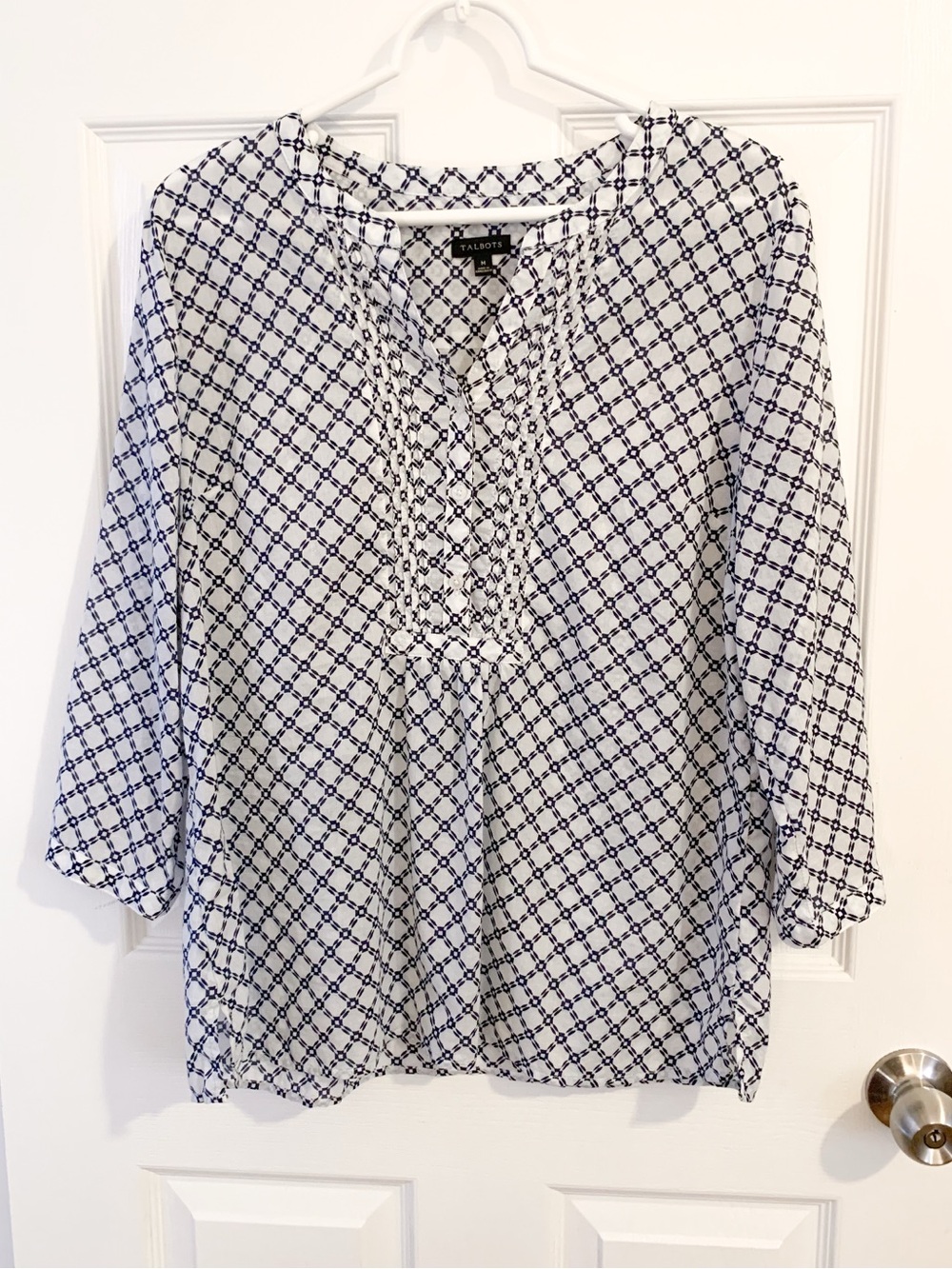 Talbots Navy and White Geometric Tie-Neck Tunic - size M